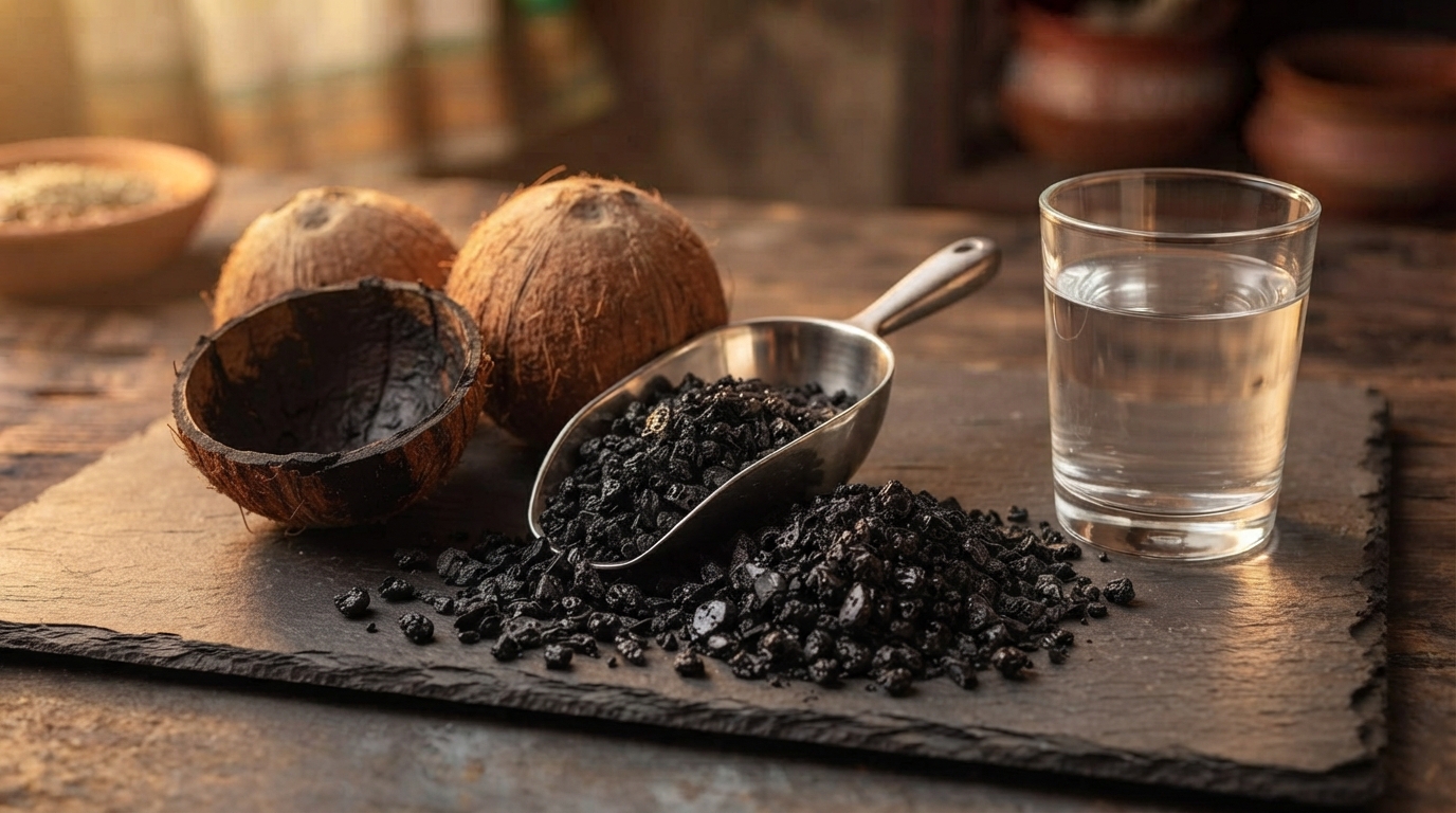 Coconut-shell activated carbon in a steel scoop beside coconuts and a glass of water.