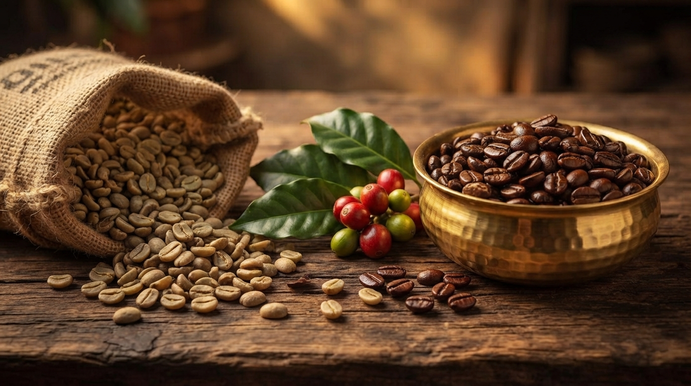 Green and roasted coffee beans with ripe coffee cherries on dark wood.