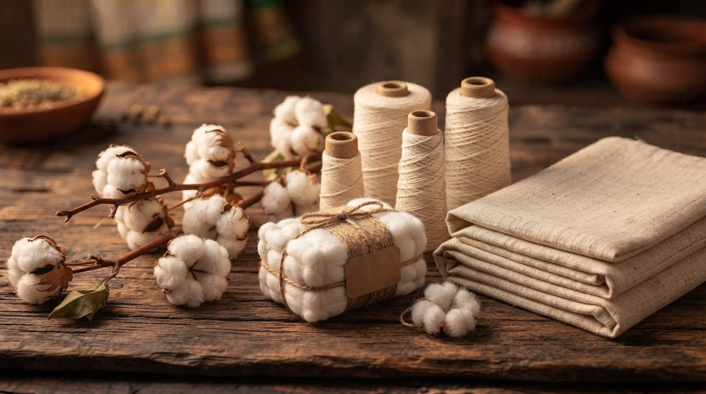 Cotton bolls, a small bale, cones of yarn and folded cotton fabric on wood.