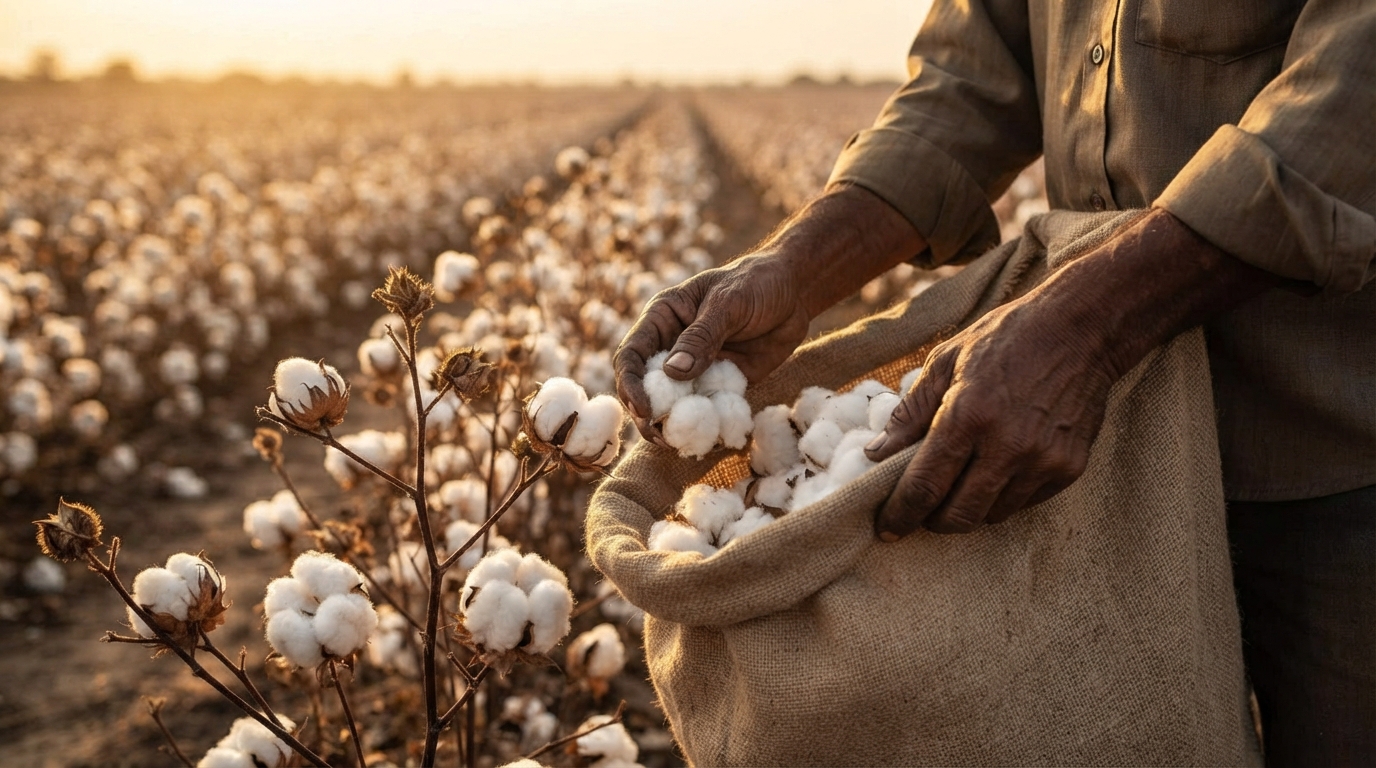 Hands picking cotton into a sack in a field at sunset.