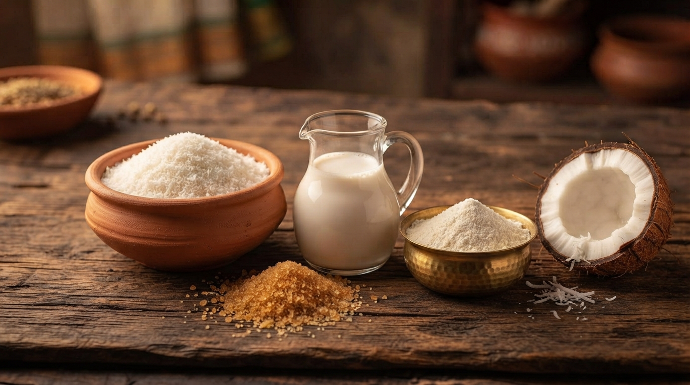 Desiccated coconut, coconut milk, milk powder, coconut sugar and a cracked coconut on wood.