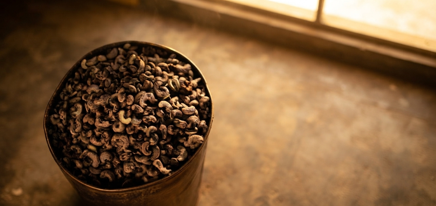 Shelled kernels in a brass tin.