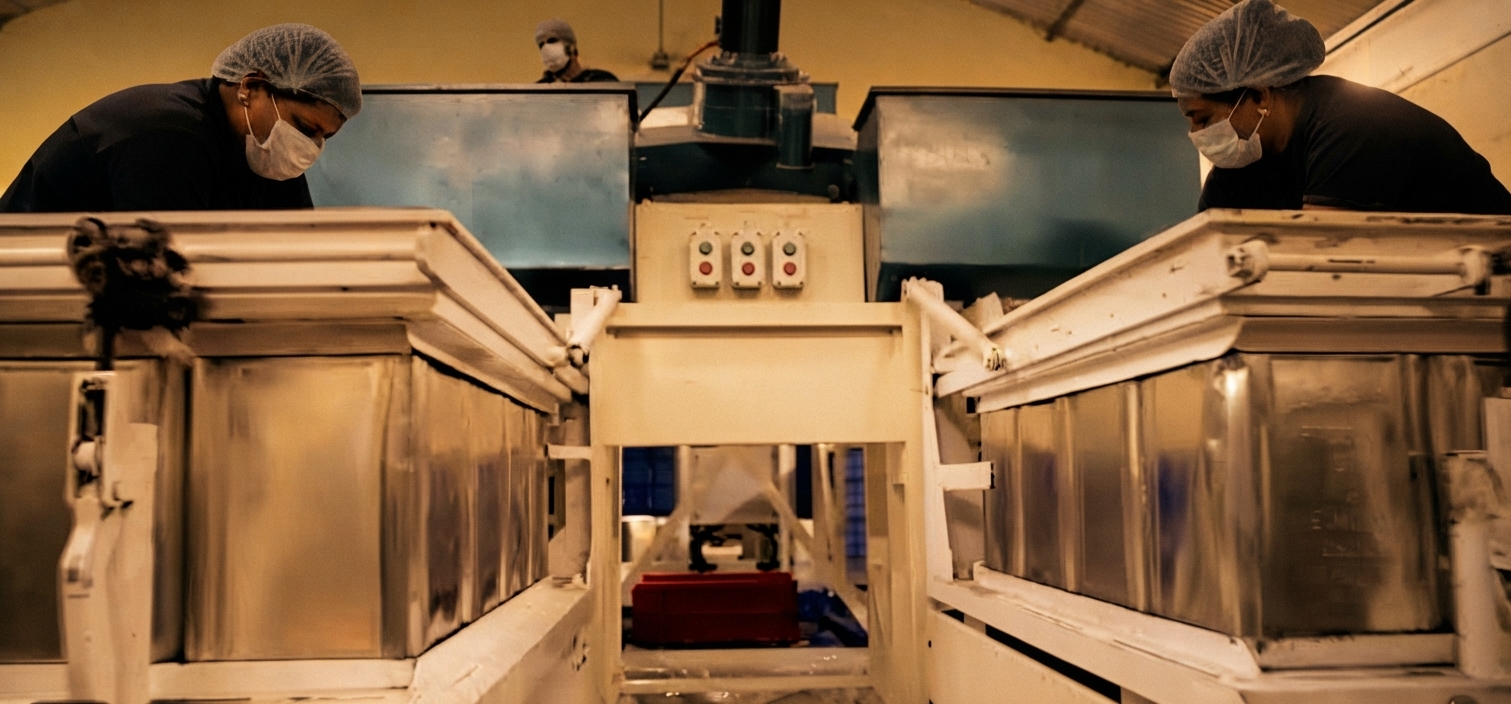 Peeling machines at work.