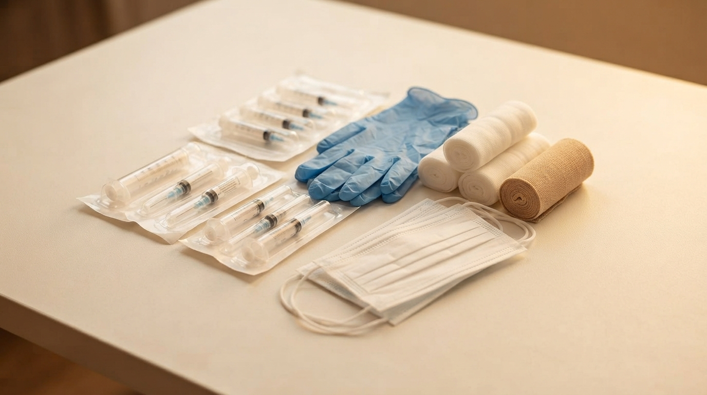 Sterile syringes, blue nitrile gloves, gauze rolls and face masks on a clean surface.