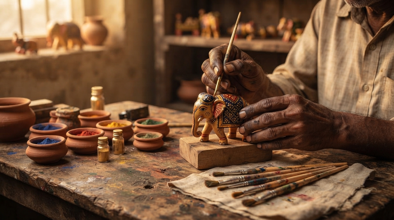 An artisan hand-painting a small wooden elephant.