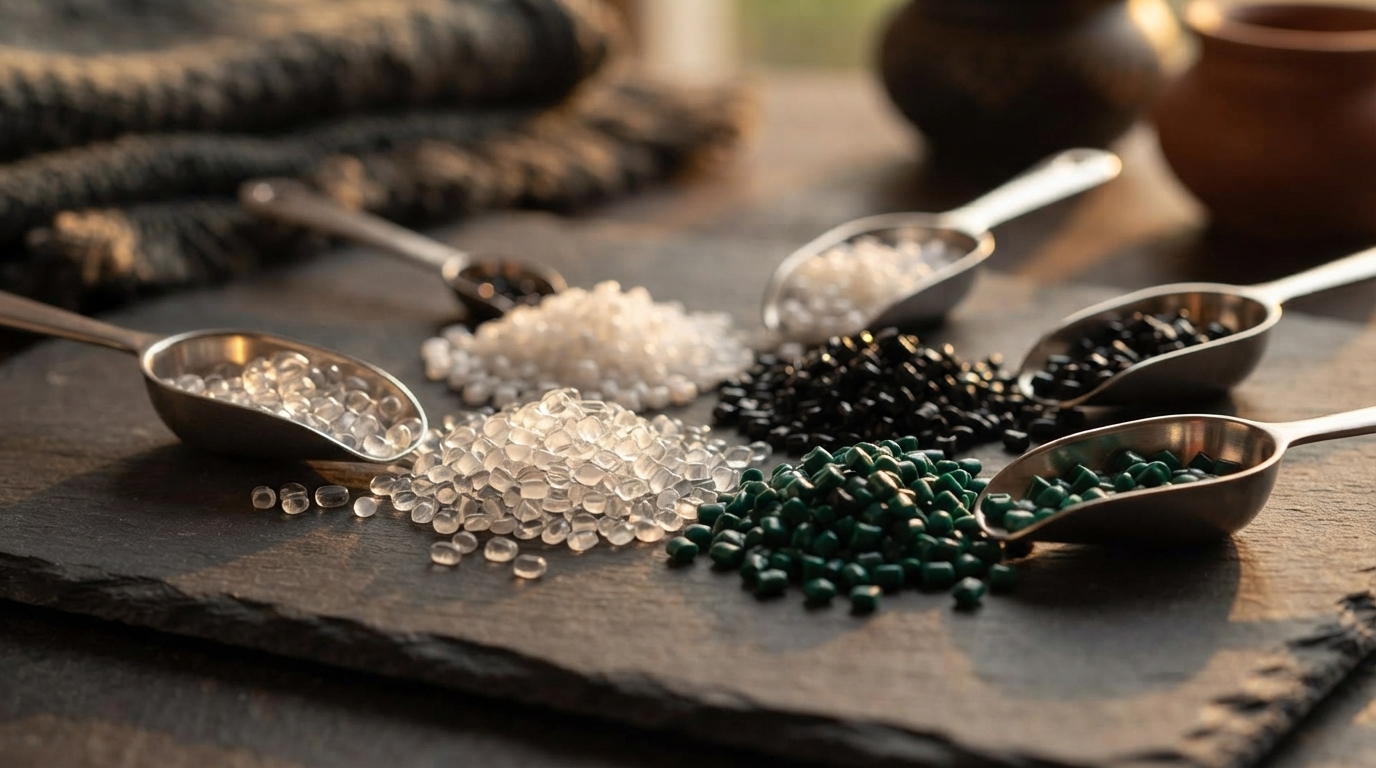 Clear, white, black and green plastic pellets on dark slate with steel scoops.
