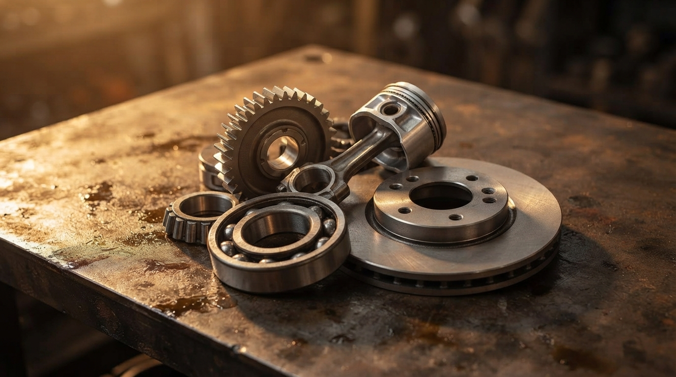 A machined gear, a piston with connecting rod, bearings and a brake disc on a steel workbench.