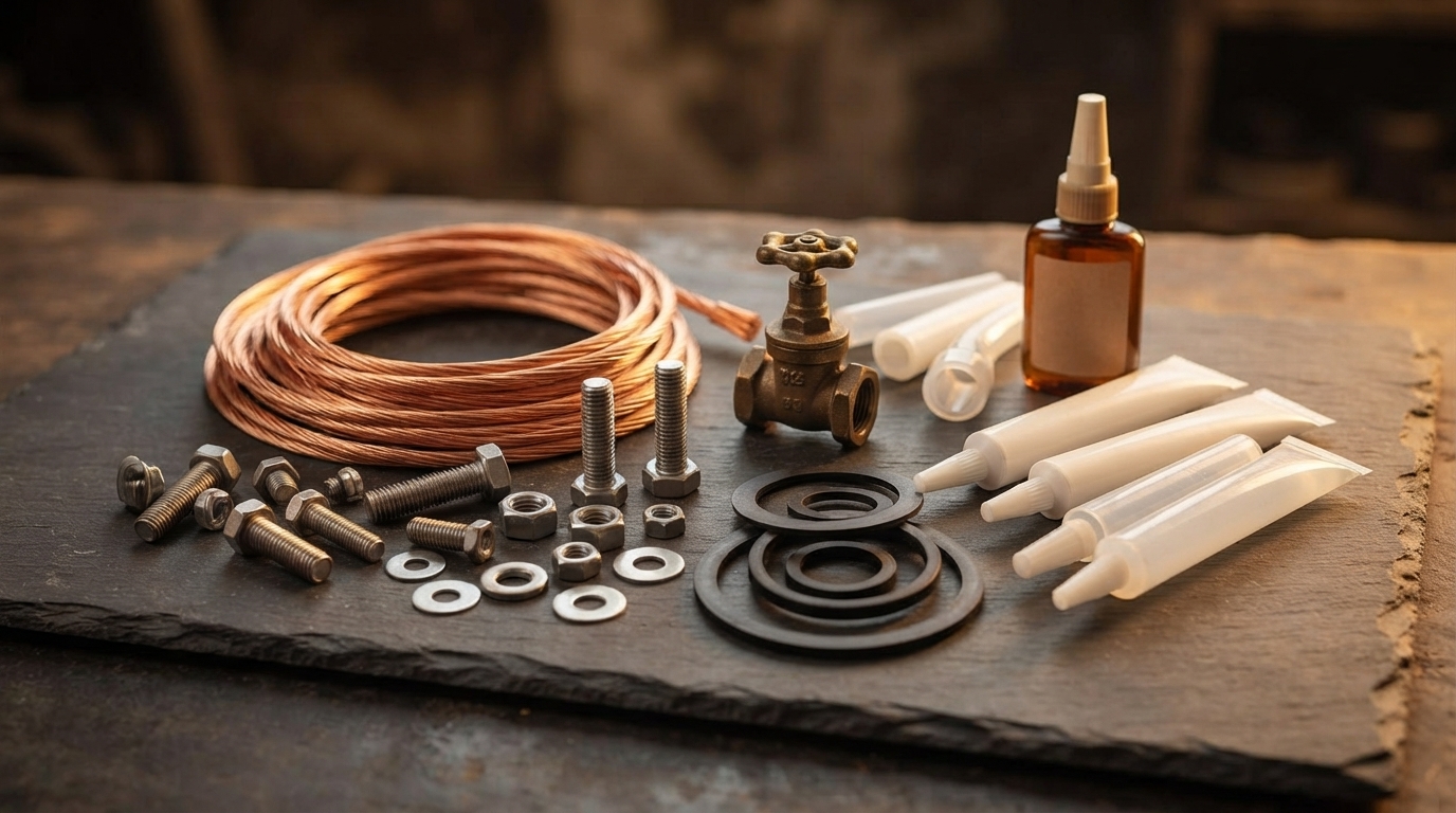 A copper cable coil, bolts, a brass valve, rubber gaskets and adhesive tubes on slate.