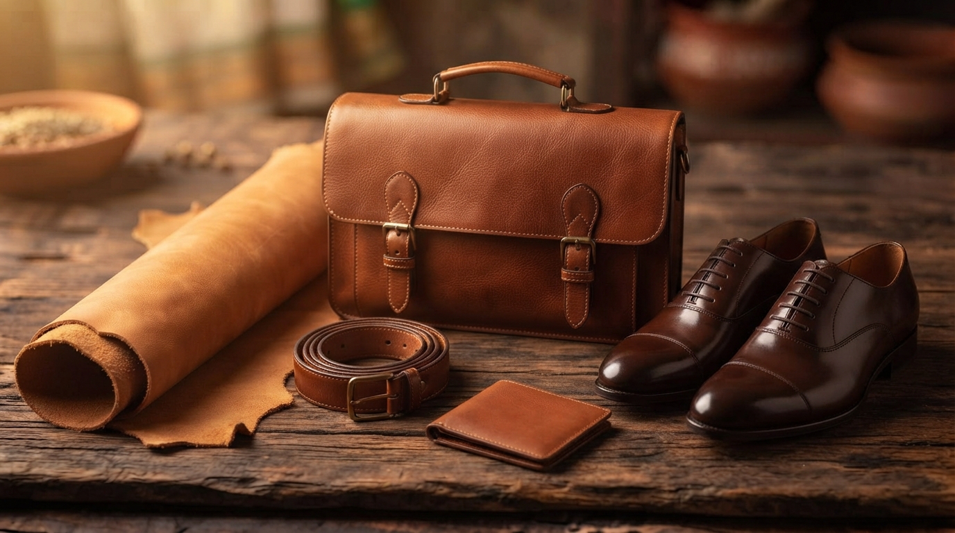 A leather briefcase, oxford shoes, a belt and a wallet beside a rolled hide.