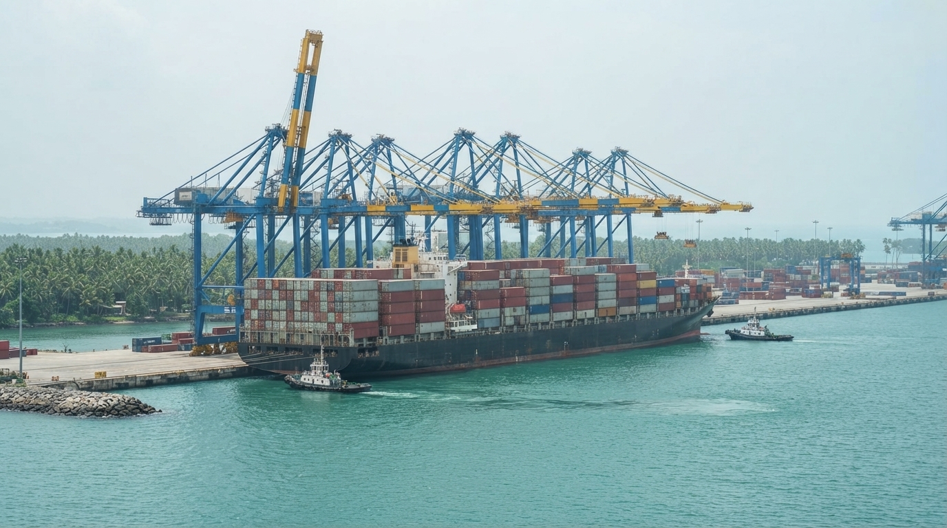 A container ship berthed under blue and yellow gantry cranes at Vizhinjam port, Kerala.