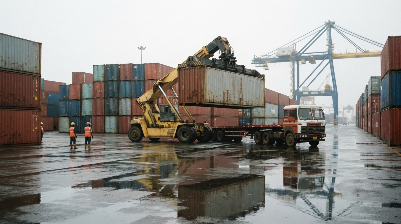 A reach stacker lifting a container onto a truck in a wet port container yard.