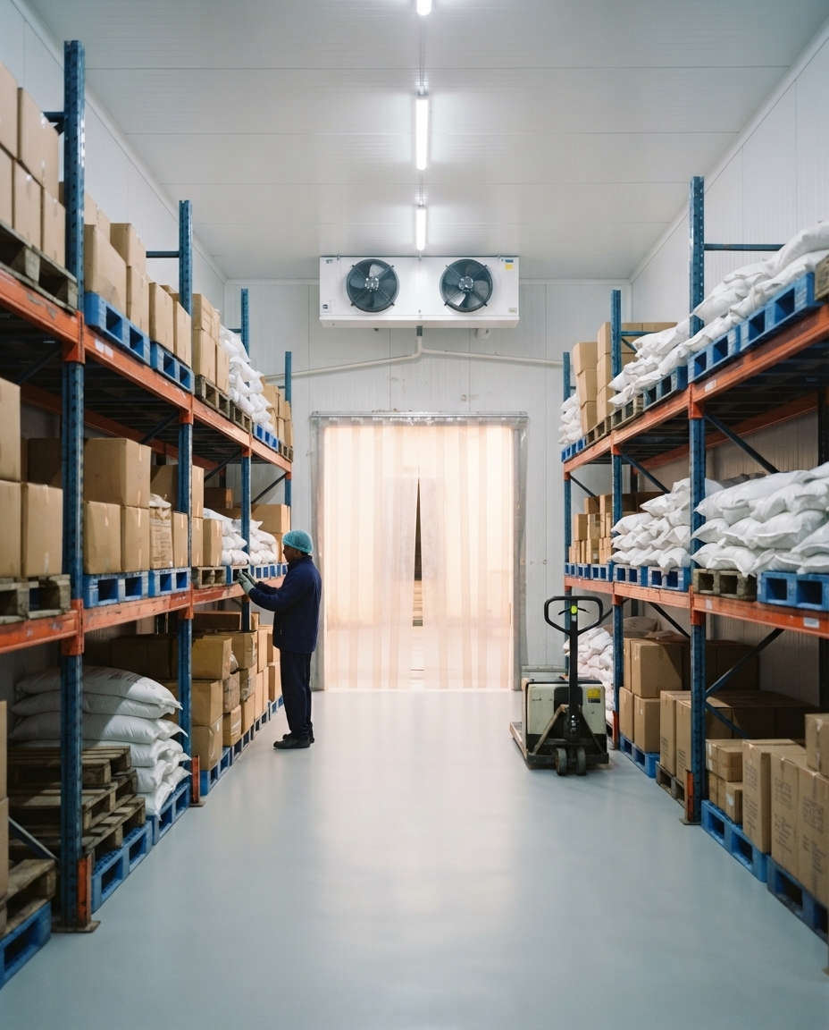 A worker checking cartons in a chilled store lined with pallet racks of cartons and white sacks.