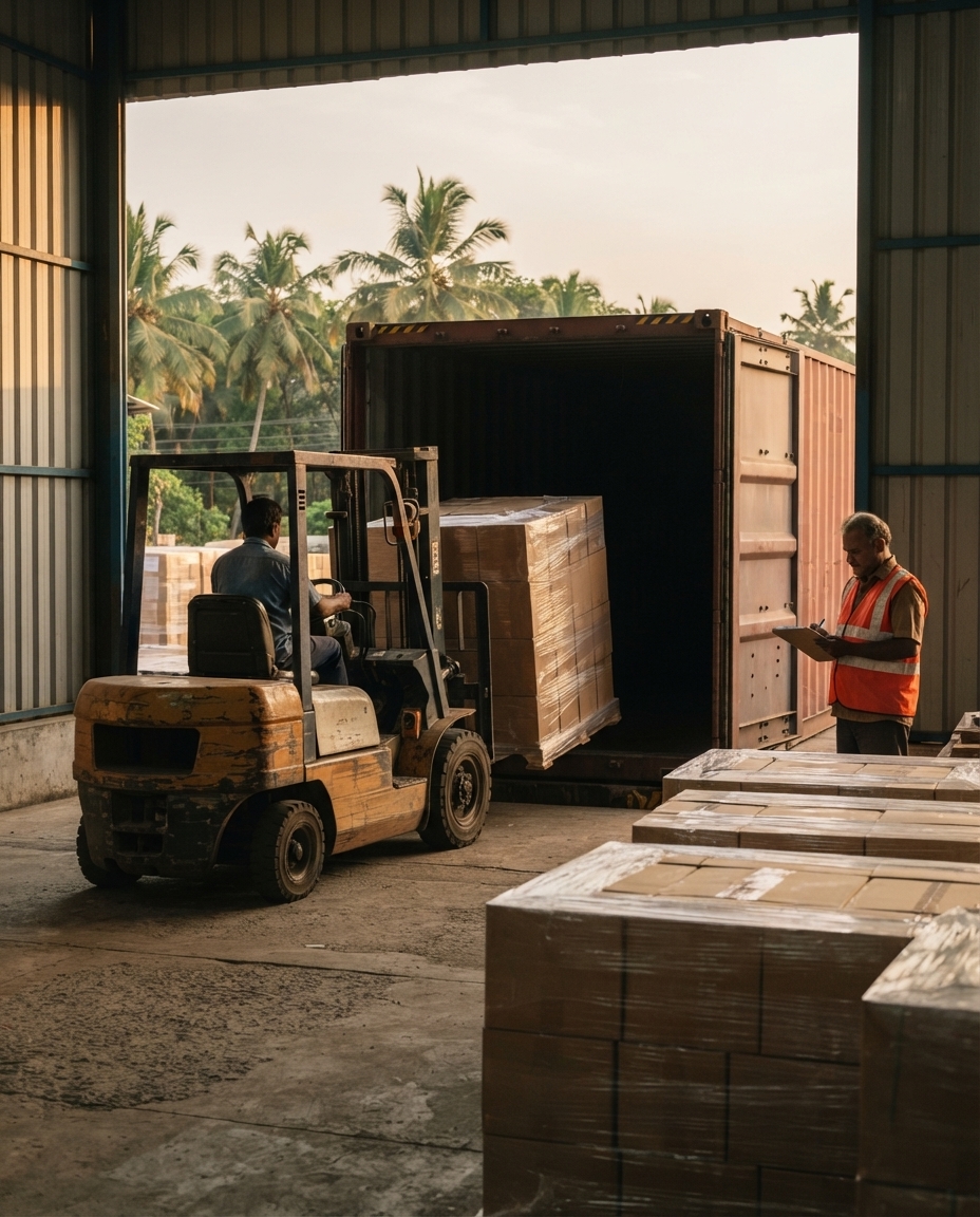 A forklift loading a wrapped pallet into a shipping container at a dock, with a worker checking a clipboard.