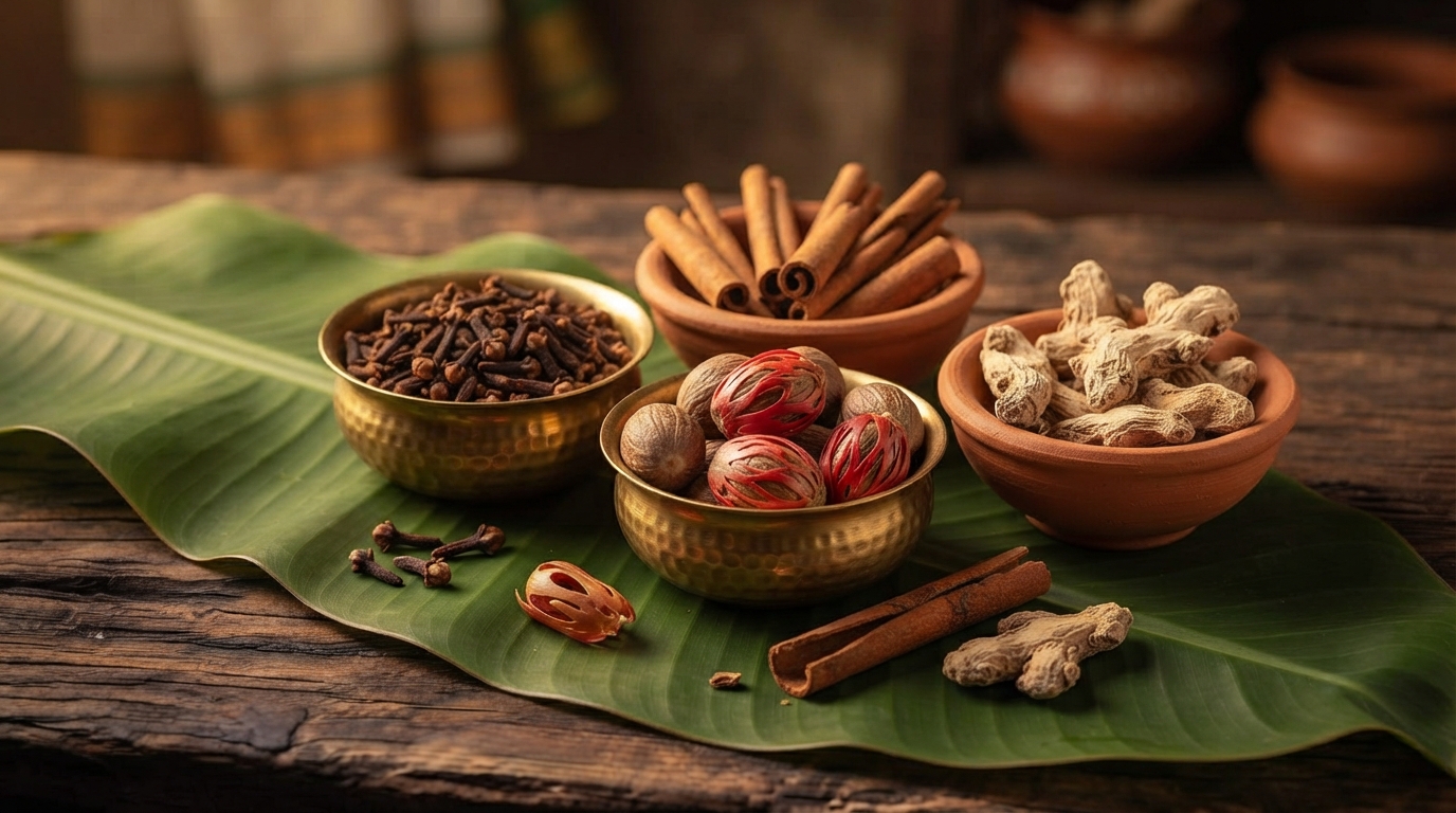 Whole spices in brass and clay bowls on a banana leaf.