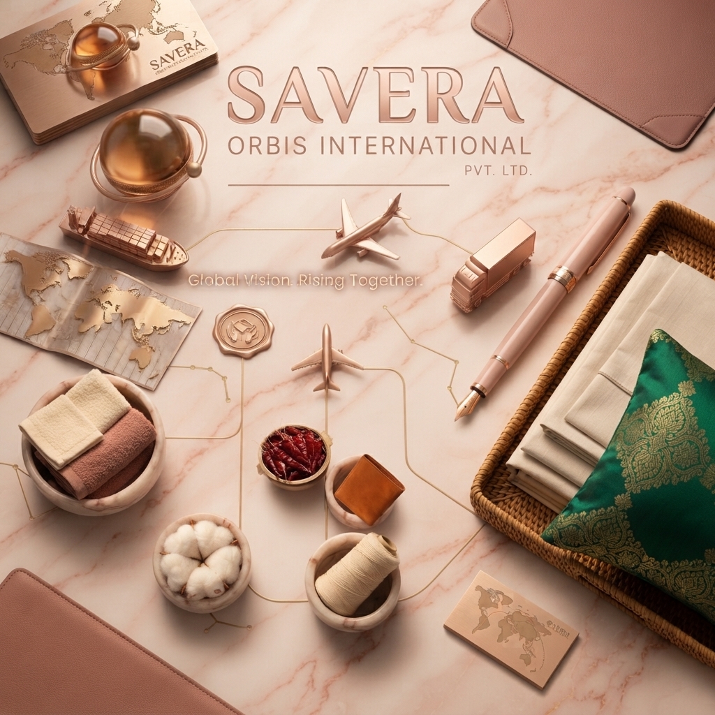 Savera Orbis brand still life on rose marble: folded towels, cotton, yarn, a leather wallet, bed linen and a green silk cushion, with a rose-gold ship, plane and truck.