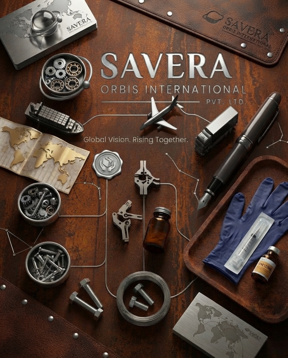 Savera Orbis brand still life on rust-brown steel: gears, bearings, bolts, copper wire, nitrile gloves and a syringe, with a silver ship, plane and truck.