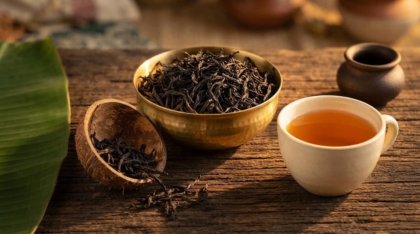 Loose-leaf black tea in a brass bowl beside a cup of amber tea.