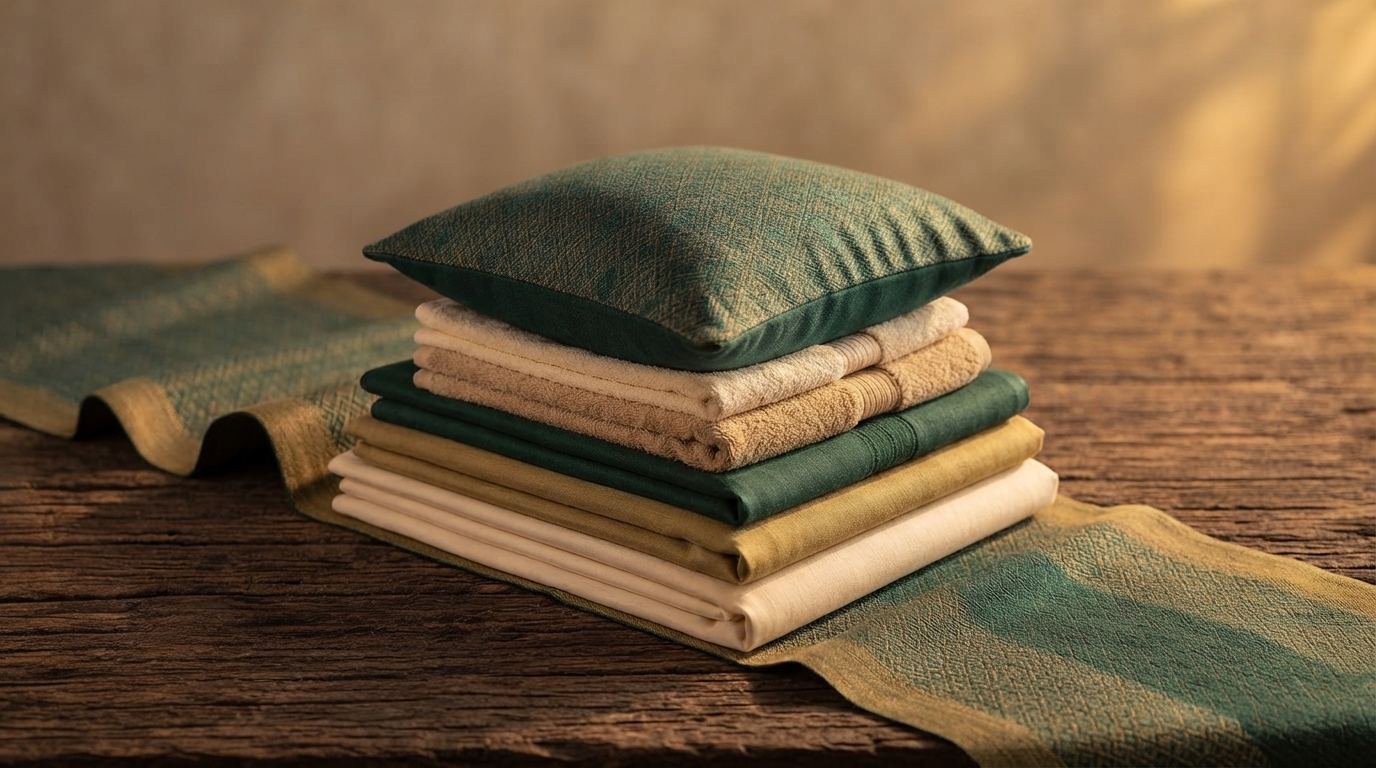 Folded bed linen, towels and a woven cushion on a table runner.