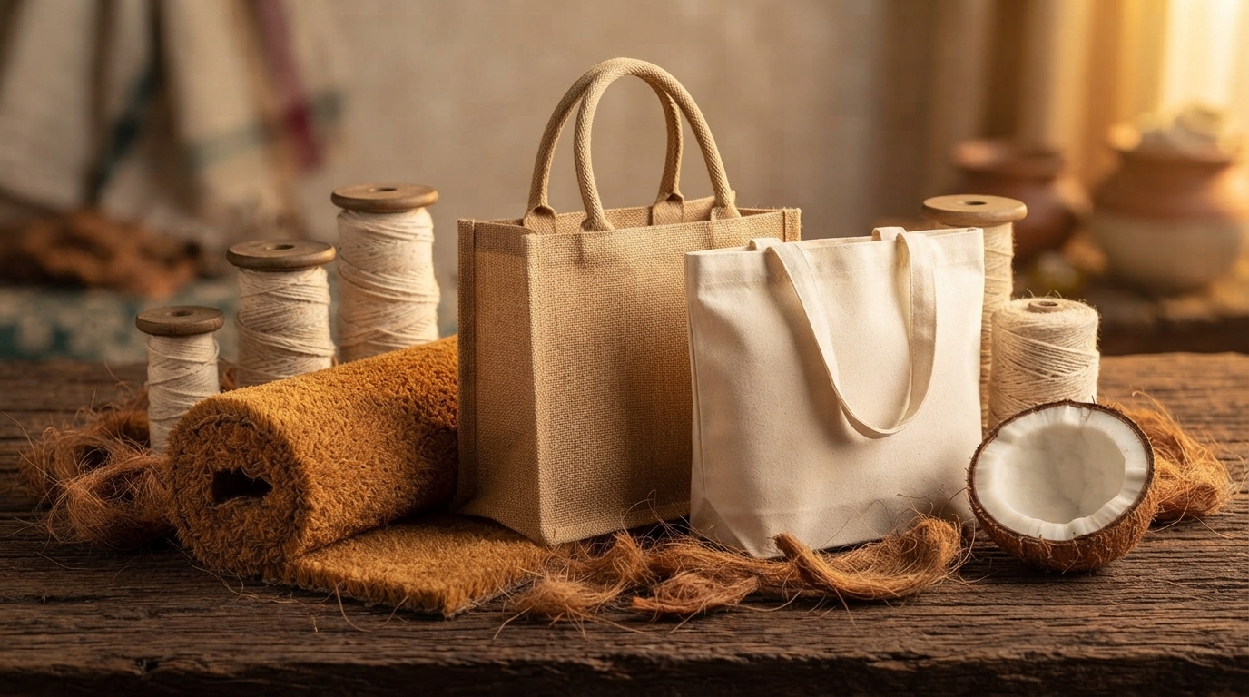 A rolled coir mat, a jute tote, a cotton tote and spools of yarn beside a coconut half.