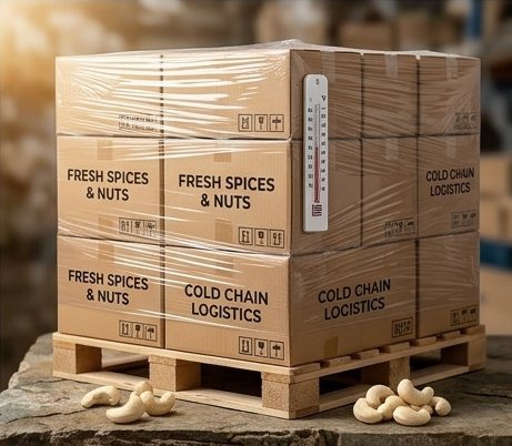 Shrink-wrapped pallet of export cartons with a thermometer.